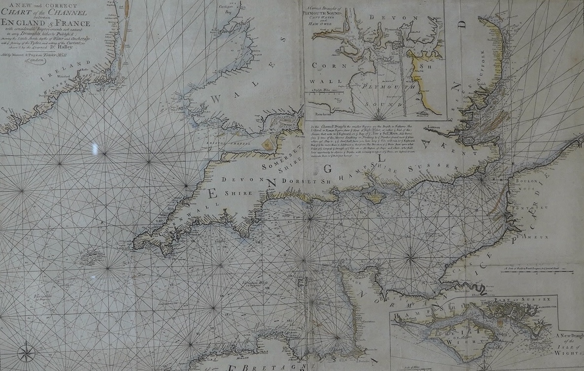 Dr Edmond Halley, hand coloured engraved map, ‘A New and Correct Chart of the Channel between England and France, circa. 1764', 65 x 103cm. Condition - fair